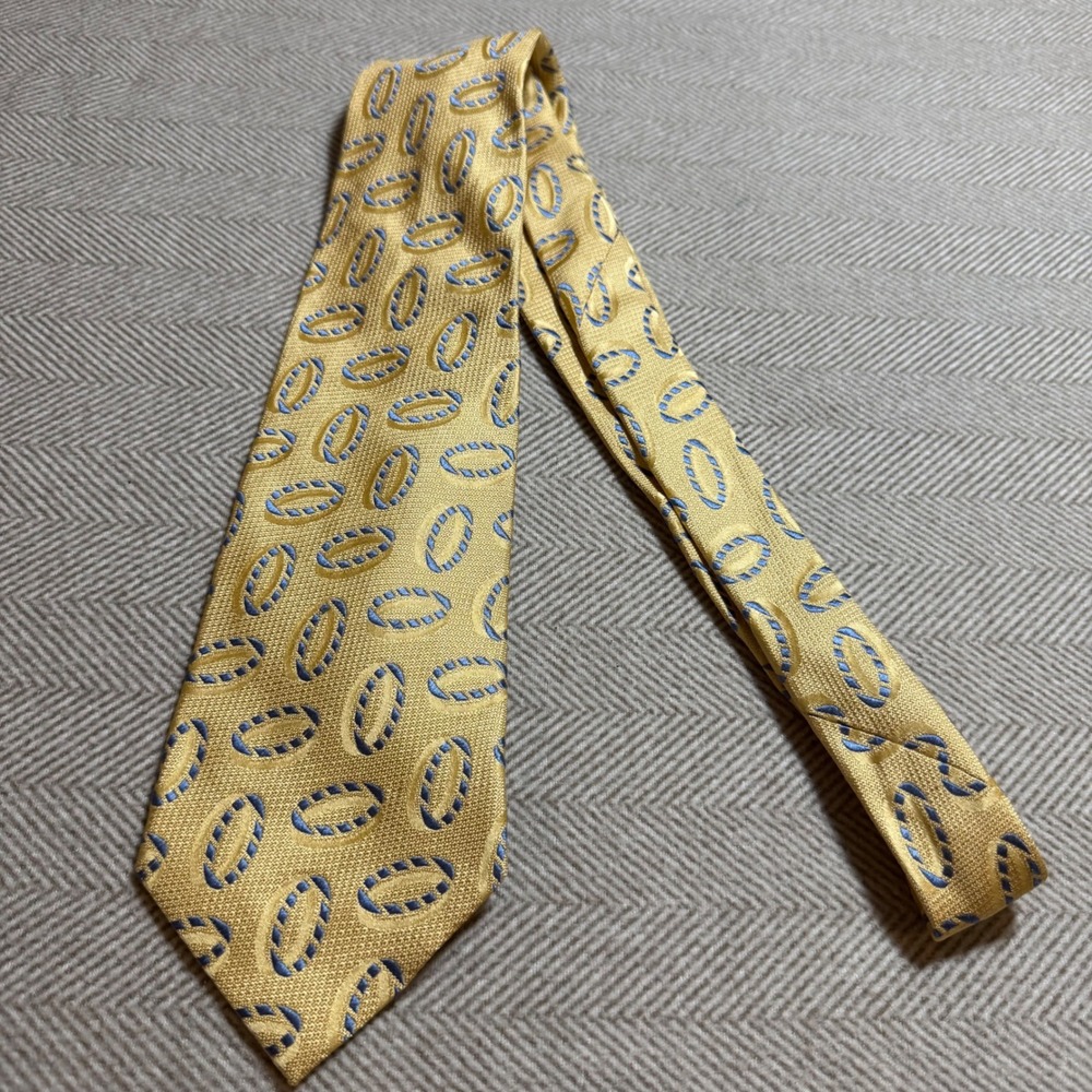 Villa Bolgheri Italia Mens Silk Tie Gold Blue Geometric Oval Made in Italy
